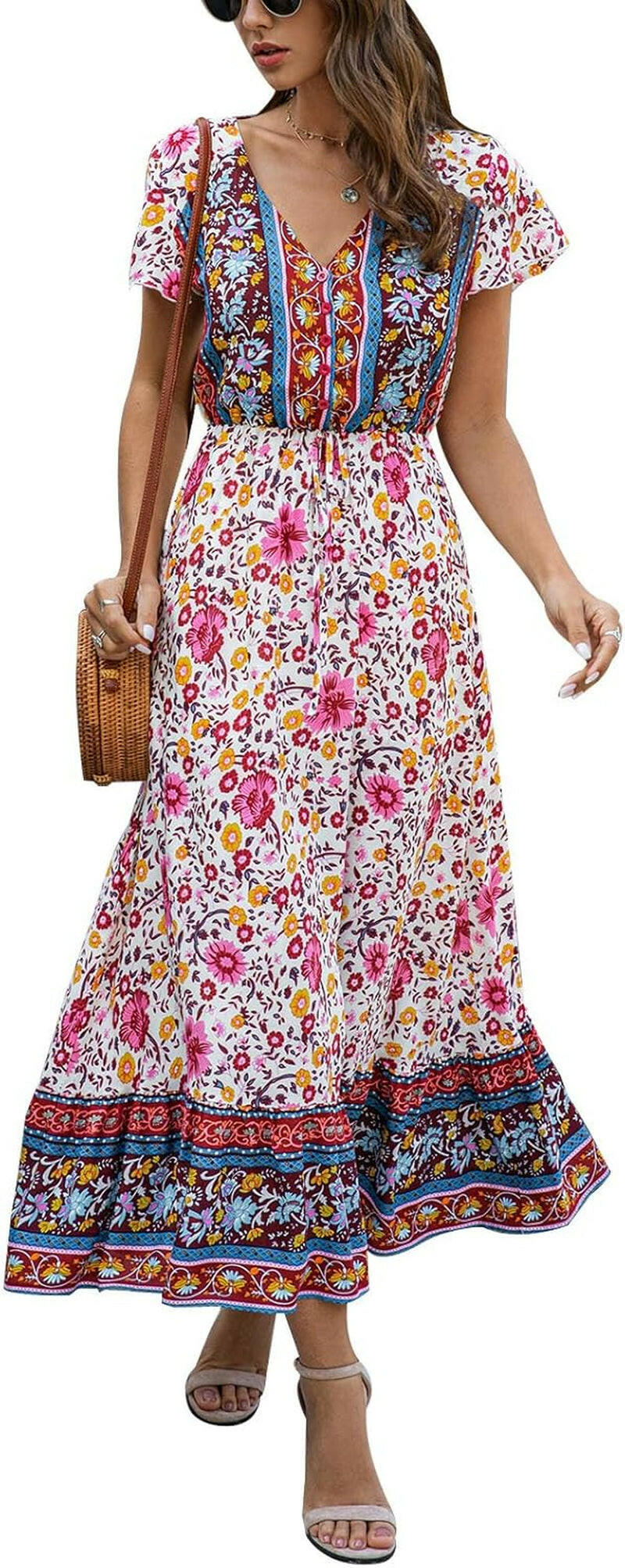 Women'S Dresses Summer Bohemian Casual Short Sleeve Floral Print Maxi Dress Red XL.