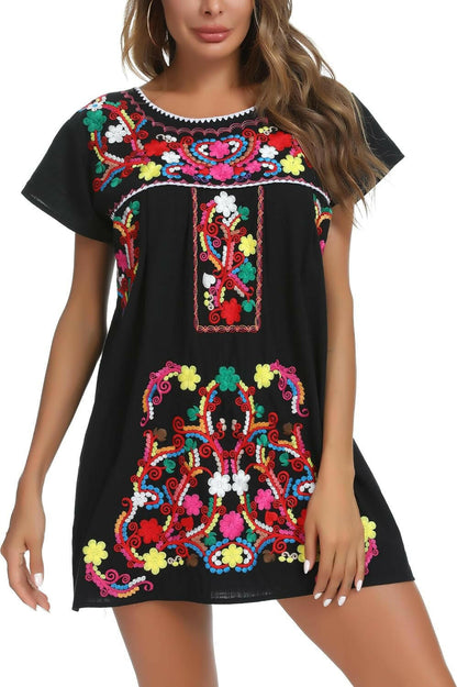 Women Mexican Embroidered Dress Short Sleeve.