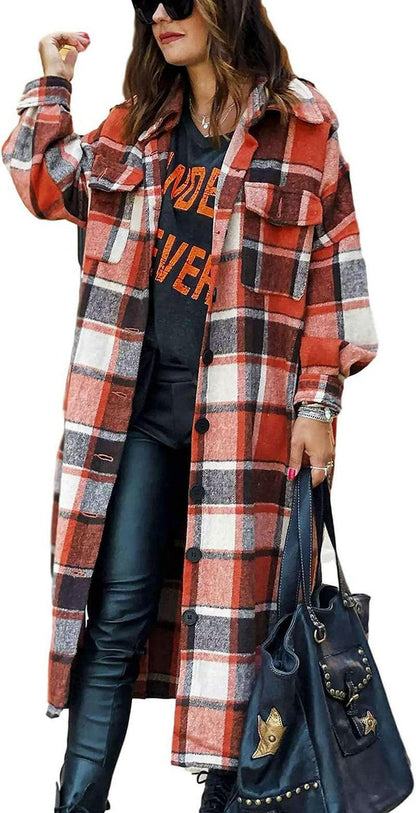 Women'S Flannel Plaid Shacket Fall Oversized Long Button down Shirt Jacket Shackets.