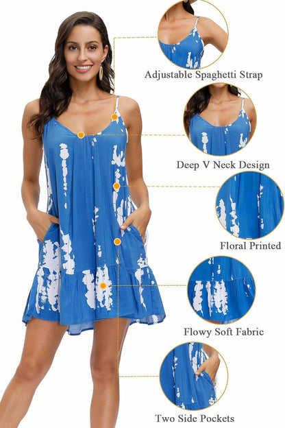 Women'S Spaghetti Strap Mini Dress V Neck Boho Floral Printed Casual Summer Beach Short Sundress with Pockets.