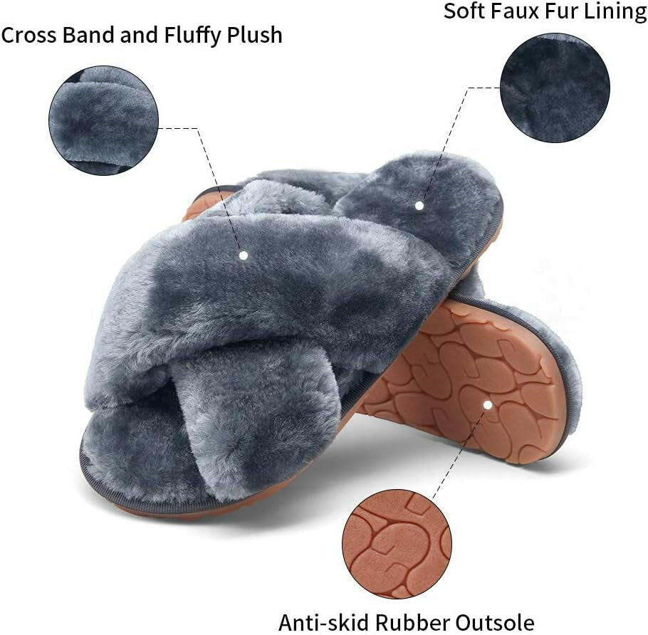 Women'S 801 Cross Band Slippers, Soft Plush Furry Open Toe Fur Slides, Fuzzy Fluffy Slip on House Shoes Indoor Outdoor Slippers.