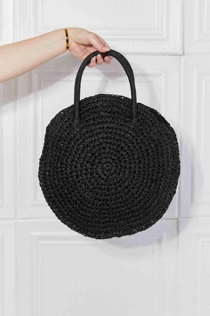 Justin Taylor Beach Date Straw Rattan Handbag in Black.