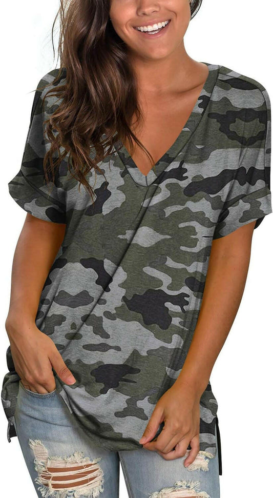 Women'S Tshirts Casual V Neck Short Sleeve Loose Summer Tunic Tops.