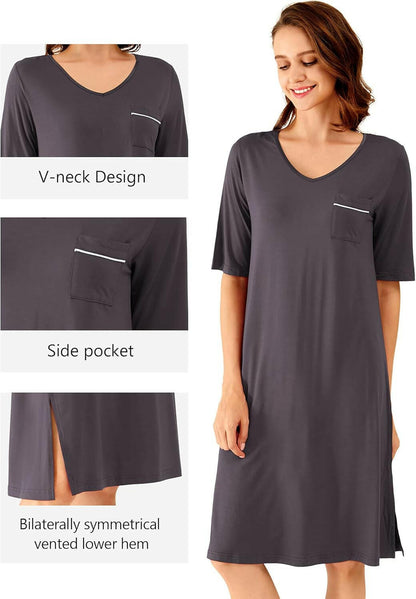 Viscose from Bamboo Nightgowns for Women Short Sleeve Sleep Shirt V Neck Nightgown plus Size Sleepwear S-4X,.