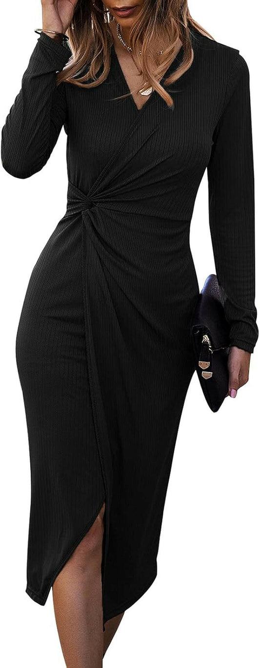 Women'S Long Sleeve Dress: Midi Casual V Neck Twist Waist Ribbed Knit Bodycon Slit Cocktail Party Dresses.