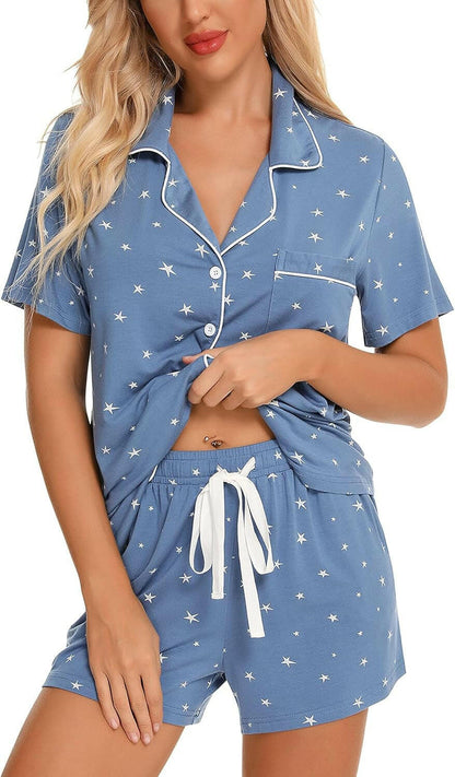 Womens Pajamas Set Short Sleeve Sleepwear Button down Nightwear Shorts Soft Pj Sets S-XXL.