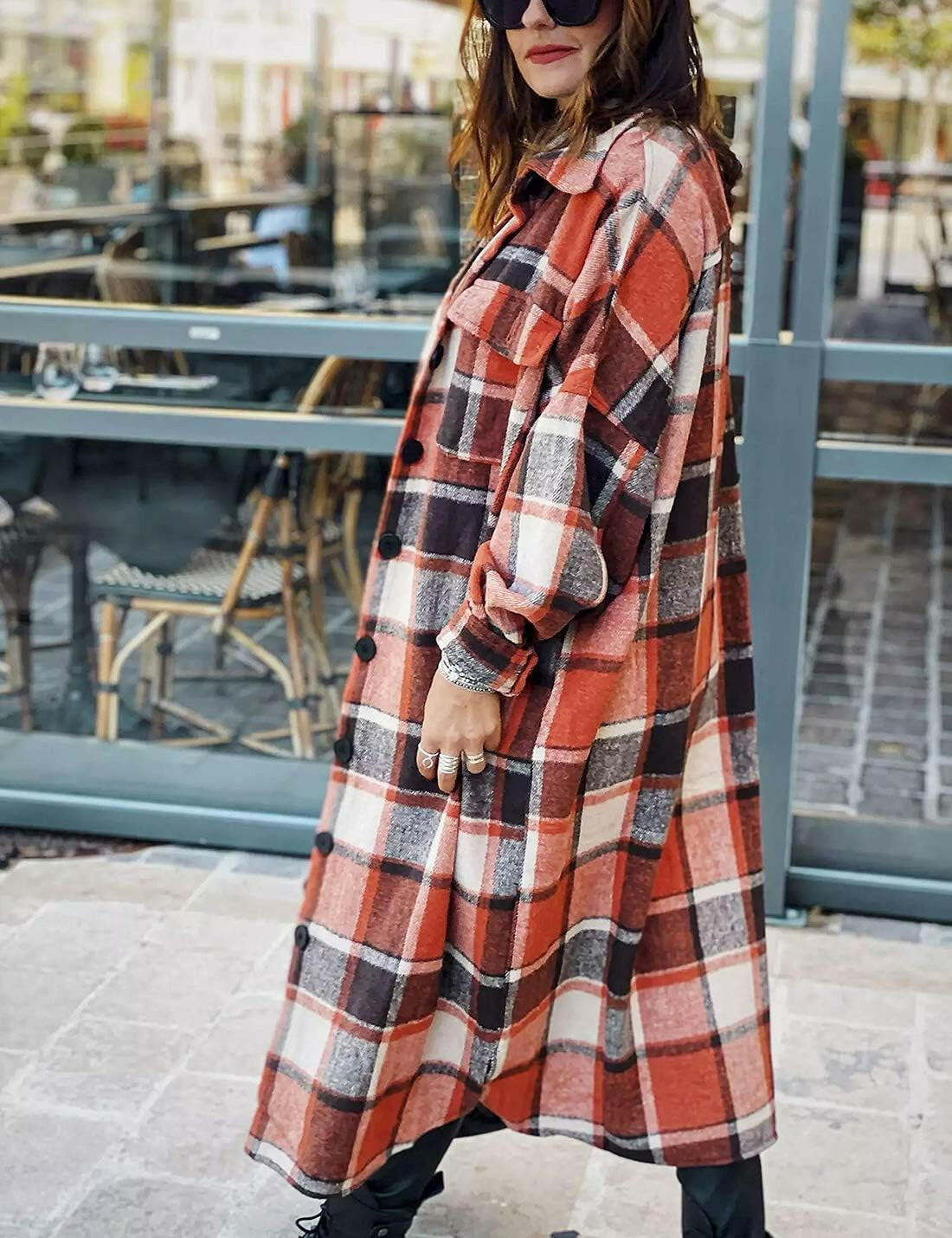 Women'S Flannel Plaid Shacket Fall Oversized Long Button down Shirt Jacket Shackets.