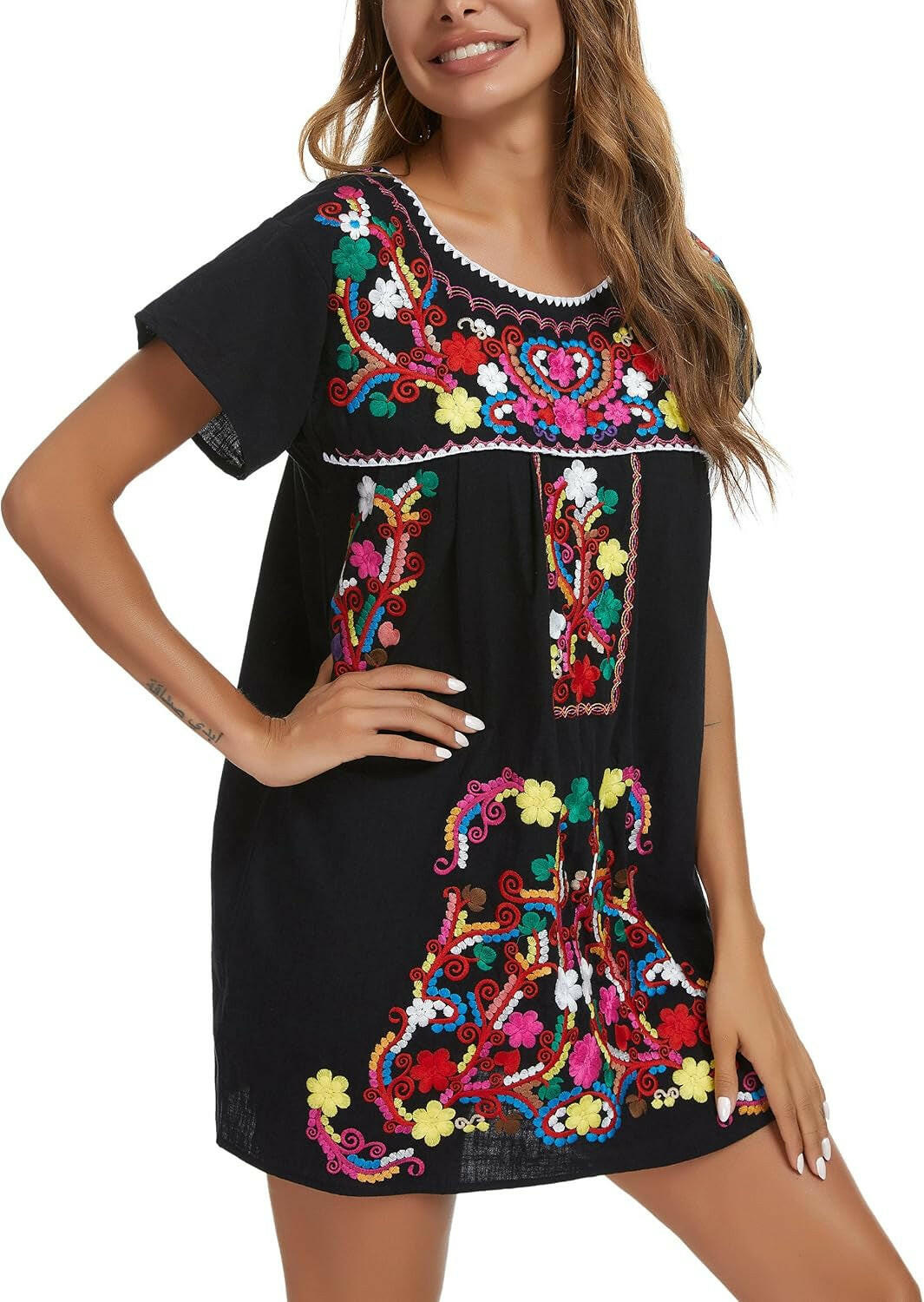 Women Mexican Embroidered Dress Short Sleeve.