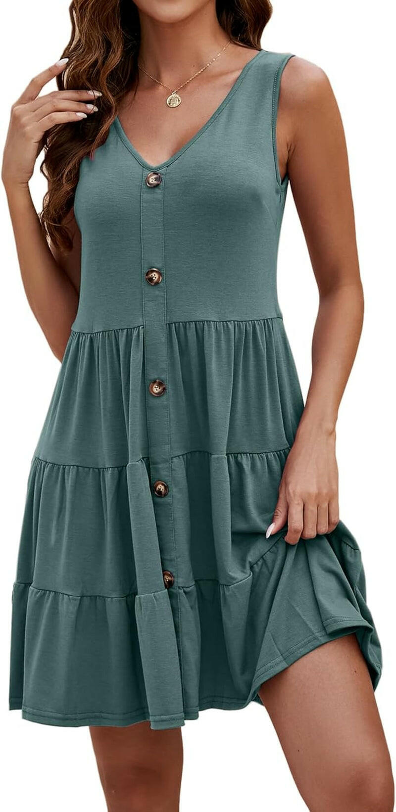 Women'S Button Front Dress Summer Sleeveless V-Neck Pleated Swing Dresses.