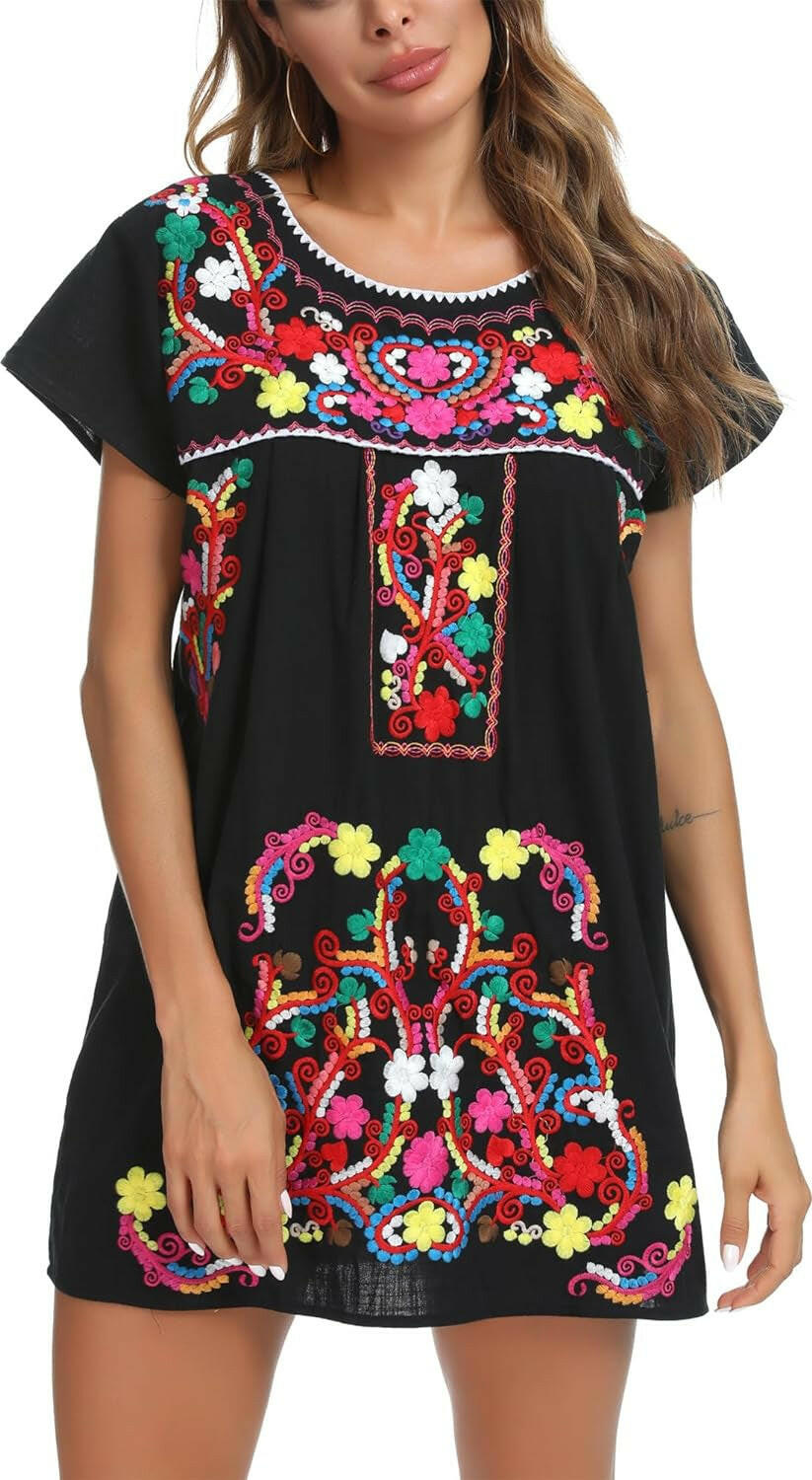 Women Mexican Embroidered Dress Short Sleeve.