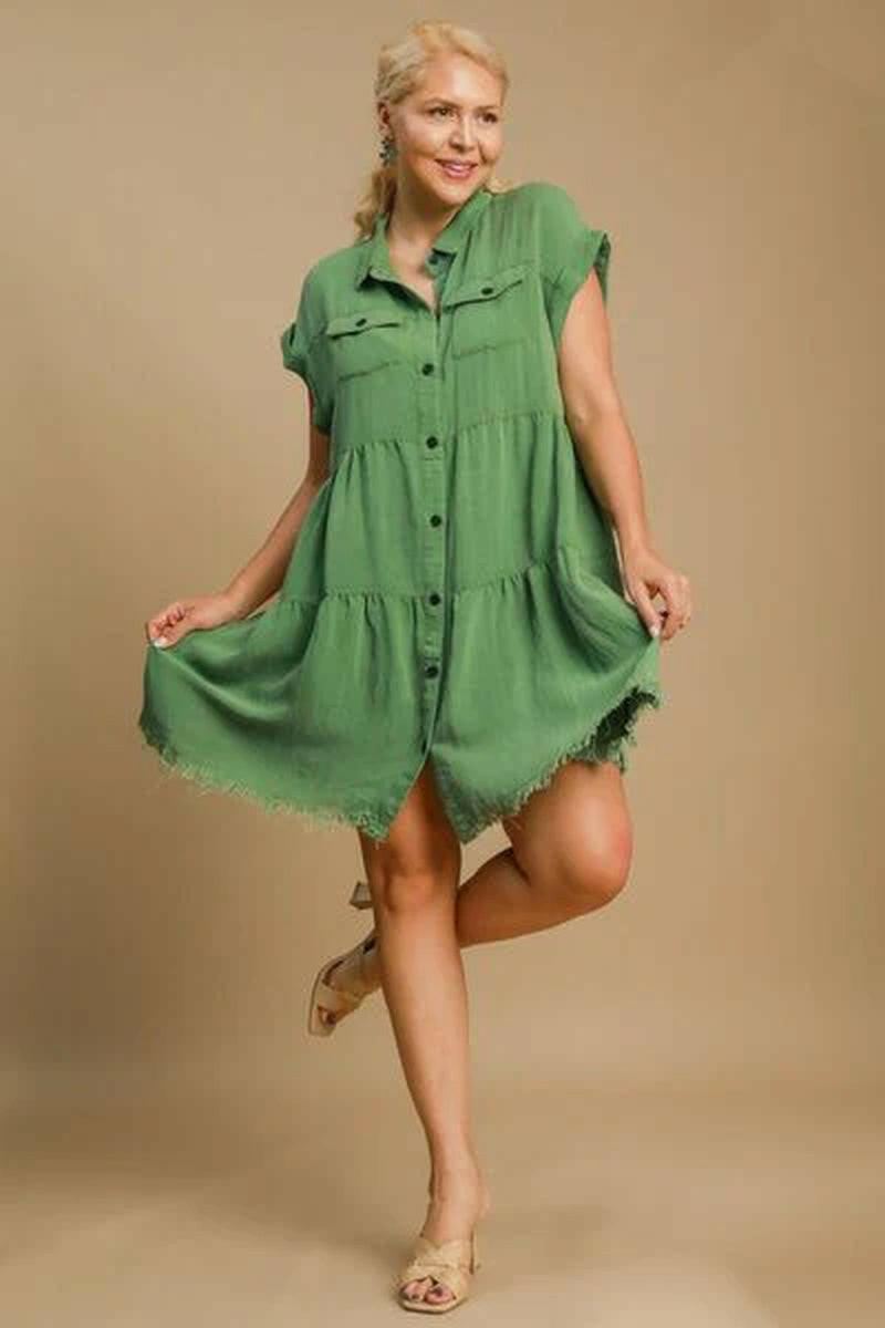 Umgee Full Size Frayed Hemline Button down Shirt Dress plus Size.