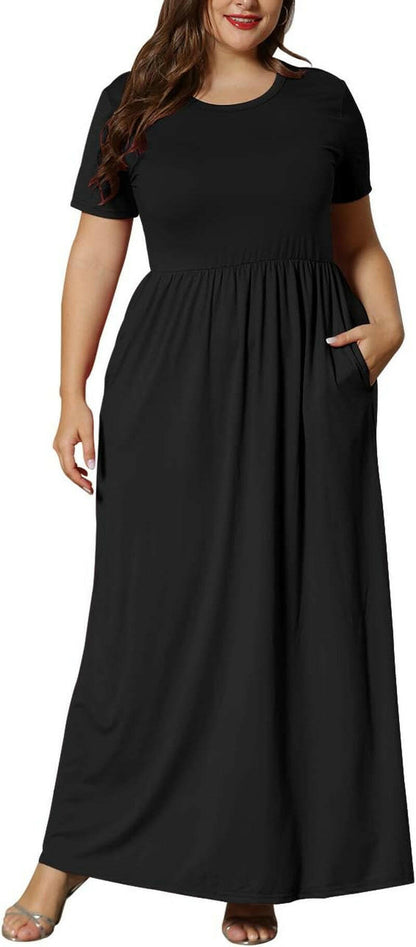 Women’S plus Size Maxi Dresses for Curvy Women Summer Casual Short Sleeve Long Dress with Pockets.