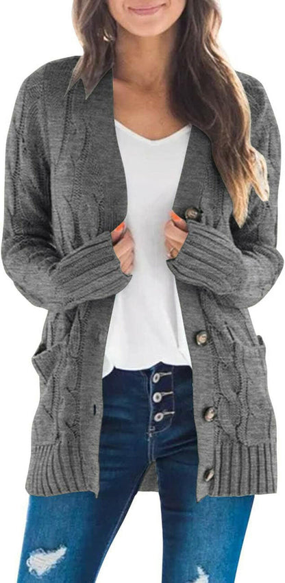 Women'S 2024 Fall Long Sleeve Cable Knit Sweater Open Front Cardigan Button Loose Outerwear.