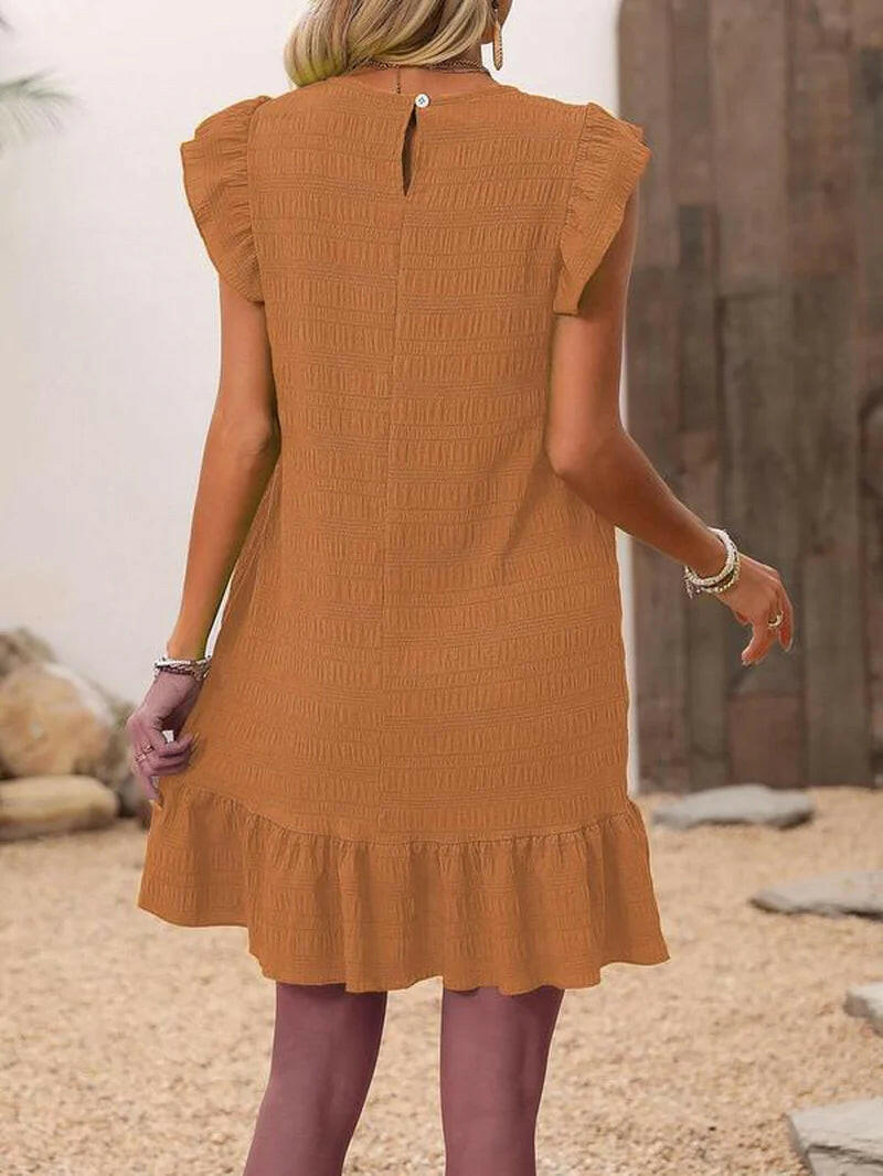 Women'S Plain Ruffle Trim Cut Out Smock Dress, Boho Textured Butterfly Sleeve round Neck Short Dress for Summer, Ladies Clothes for Beach Holiday.